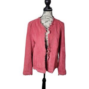 ZaZee Womens XL Pink Suede Leather Jacket Fringe Trim Boho Retro Lined Blazer